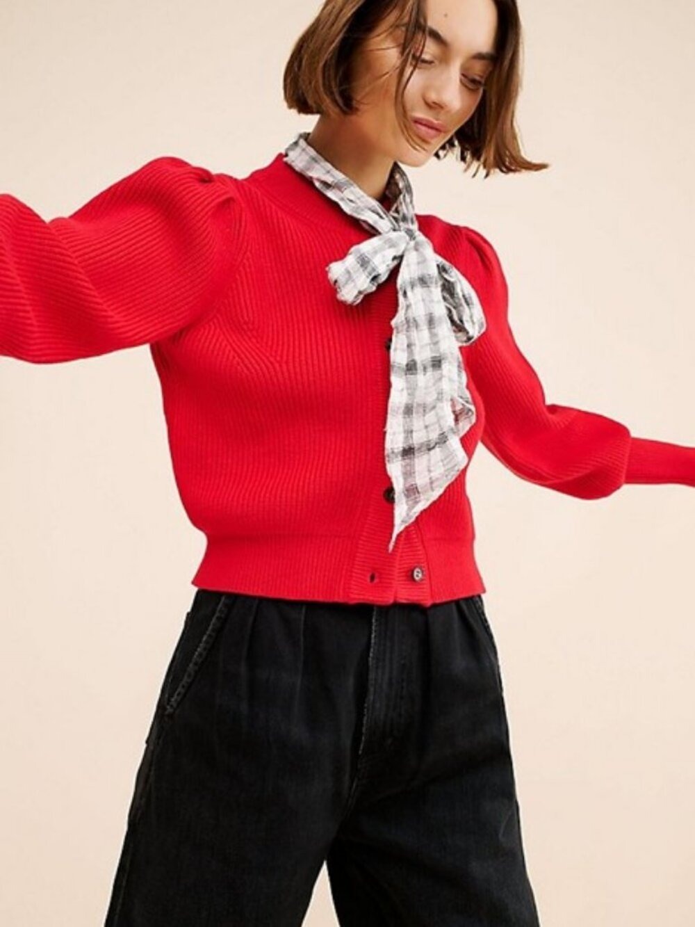 Dolan Ribbed Bow Cardigan Red Puff Sleeve Button Up Scarf Knit Sweater L